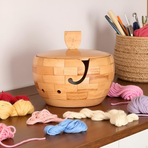 Image of Wooden Large Yarn Bowl with Lid (7.5x4.5) - Yarn Holder with Cover for Crocheting & Knitting - Crochet Bowl with Handle & Hooks - Gift for Crafters