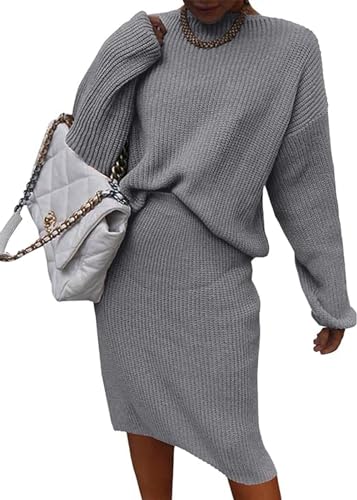 Image of Women 2 Piece Knit Sweater Skirt Set Midi Sweater Dress Long Sleeve Pullover Bodycon Knitted Skirt Set Outfit
