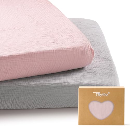 Image of TILLYOU Muslin Mini Crib Sheets 2 Pack, Pack and Play Mattress Sheets Fitted for Pack N Play, 38 x 26 Sheet for Toddler, Grey and Pink