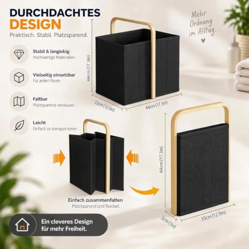 Collapsible Laundry Baskets with Handles 65L Portable Bamboo Laundry Hamper Oxford Fabric Foldable Laundry Bin Portable Cloth Baskets for Storage for Laundry Room Bedroom Living Room Black image 5