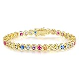 Gemsme 4.0mm Colorful Tennis Link Bracelet, 18K Yellow Gold Plated Bezel-Set 4mm Cubic Zirconia Rainbow Tennis Bracelet for Women