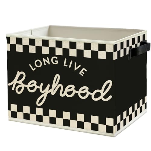Image of Black and White Checkered Long Live Boyhood Boys Storage Bins Box with Handles, Collapsible Basket Organizer for Kids Boy Nursery Room Bedroom Bathroom Playroom Books Clothes