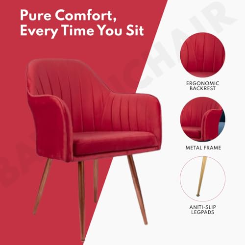 Image of Velvet Chair for Home | Modern Accent Armchair in Soft Velvet Fabric with Golden Legs | Set of 2 Premium Accent Chair for Living Room Bedroom Restaurent | (Red, Standard)