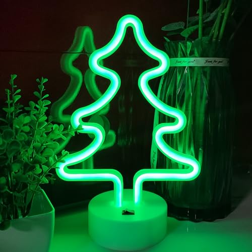 Image of JYWJ Neon Signs with Holder Base,USB or 3-AA Battery Powered Neon Light,LED Table Decoration,Bedroom Wall Decoration,Birthday Gift,Wedding Supplies Business Gift (Christmas Tree)