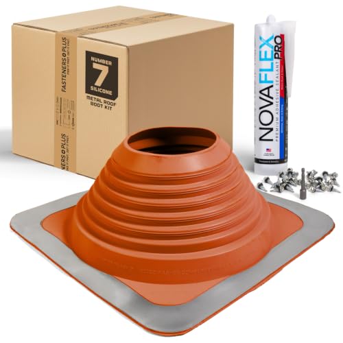 Fasteners Plus #7 Square Silicone Metal Roof Pipe Flashing Boot with Complete Install Kit (Fits 5-1/2” - 11-1/2” Pipe OD), Red