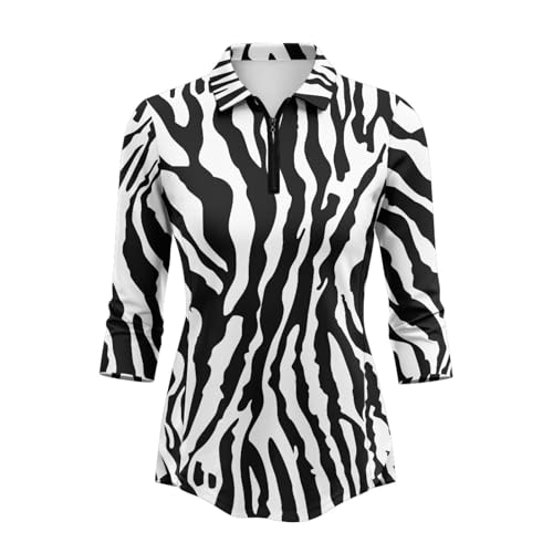 TODIYADDU Zebra Print Golf Polo Shirt for Women 3/4 Sleeve Tops Summer Quick Dry Hinking Shirts Zip Up Pullover Collar Athletic Tops Lightweight Fabric Blouses for Pickleball/Tennis, XL