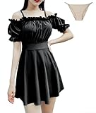 [GIVEK] ワンピース 水着 レディース オフショルダー 体型カバーできるパフスリーブ ハイウエスト 大きいサイズ オフショル水着 インナー付き ブラック 黒 (ブラック, L)