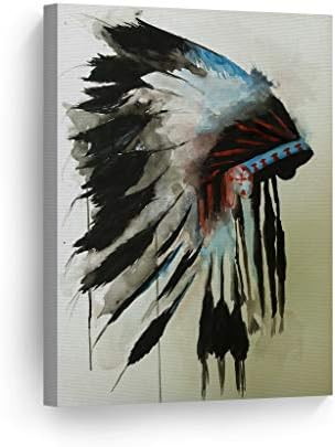 SmileArtDesign Indian Wall Art Native American Chiefs Headdress Feathered Watercolor Canvas Print Home Decor Decorative Artwork Living Room Bedroom Wall Decor Ready to Hang Made in USA - 12x8