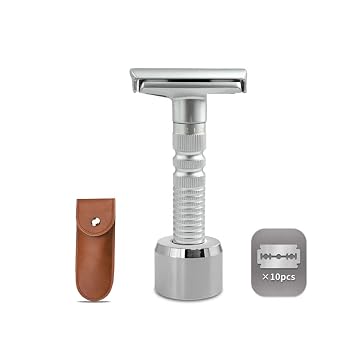 6-speed adjustable dual-blade safety razor with 10 platinum-coated stainless steel blades. Includes optional stand. with complimentary travel pouch. Silver + base + holster