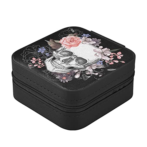Zzkko Sugar Skull With Flower Small Jewelry Box Travel Jewelry Case Leather Jewelry Travel Organizer Mini Portable Storage Boxes For Womens Rings Necklaces Gifts Black #TOP2