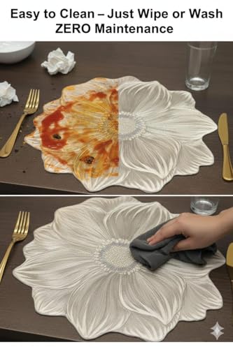 Image of Dakshya Industries Dining Table Placemat Set with Runner | PVC Waterproof Leaf Shape Table Mats Heat Resistant Washable Home Decor