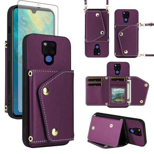 Image of ELISORLI Wallet Case for Huawei Mate 20 X 5G & Screen Protector Slim Flip Purse Shoulder Strap, Luxury PU Leather Card Holder Stand Phone Cover for Hawaii Mate20X 4G Mate20 20X G5 7.2 inch Deep Purple