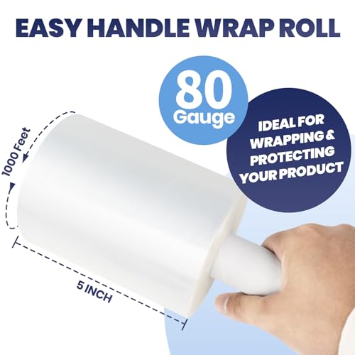 Image of ADHES Mini Hand Stretch Wrap Film, 5 Inch x 1000 Feet 80 Gauge Industrial Strength Stretch Film, Shrink Wrap Roll for Packing, Pallet, Furniture Wrapping Moving & Protection