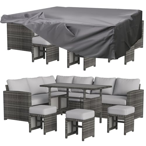 Image of U-MAX 7 Pieces Patio Furniture Set with Waterproof Cover, Outdoor Sectional Sofa Conversation Set, All Weather Wicker Rattan Dining Table & Chair with Ottoman, Grey Rattan&Light Grey Cushion