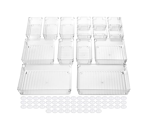 ZIPNOC Set of 15 Desk Drawer Organiser Dividers with 60 Silicon Pads - Storage Plastic Trays, 4 Sizes to Organise Your Makeup, Vanity, Dressing table& Office. (Transparent)