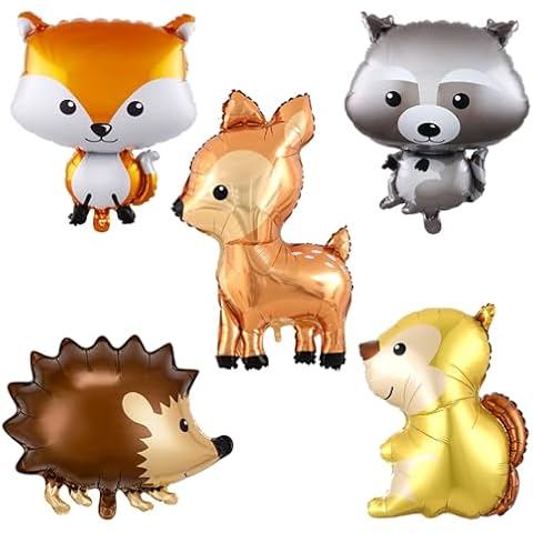5 Pcs Woodland Animal Balloons (Squirrel, Fox, Hedgehog,Raccoon, Deer) For Jungle Safari Animals Theme Birthday Party Decorations Kids Woodland Forest Animal Themed Party Decorations Cover