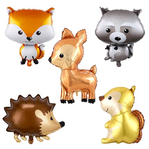 Finypa 5 Pcs Woodland Animal Balloons (Squirrel, Fox, Hedgehog, Raccoon, Deer) For Jungle Safari Animals Theme Birthday Party Decorations