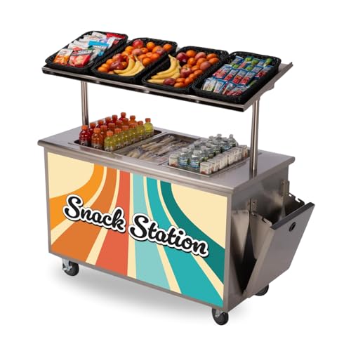 Classroom Basics Breakfast Cart, Commercial Food Service Cart with â€œSnackâ€ Magnet Design, 3 Full-Size Steam Table Pan Capacity, Over Shelf, Stainless Steel Frame, 26\" D x 56\" W x 63-5/8\" H