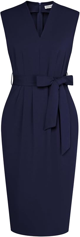 GRACE KARIN Women's Bodycon Knee Length Sleeveless Dress with Pockets | Ruched Waist with Removable Belt, Side Pockets, V-neck Sheath with Back Zipper, Ideal for Funeral, Office, Formal & Church