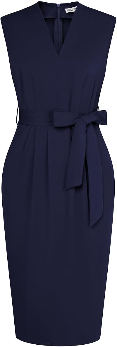 GRACE KARIN Business Dresses for Women Sleeveless V Neck Sheath Dress Work Dress Slim Church Dresses for Women Navy M