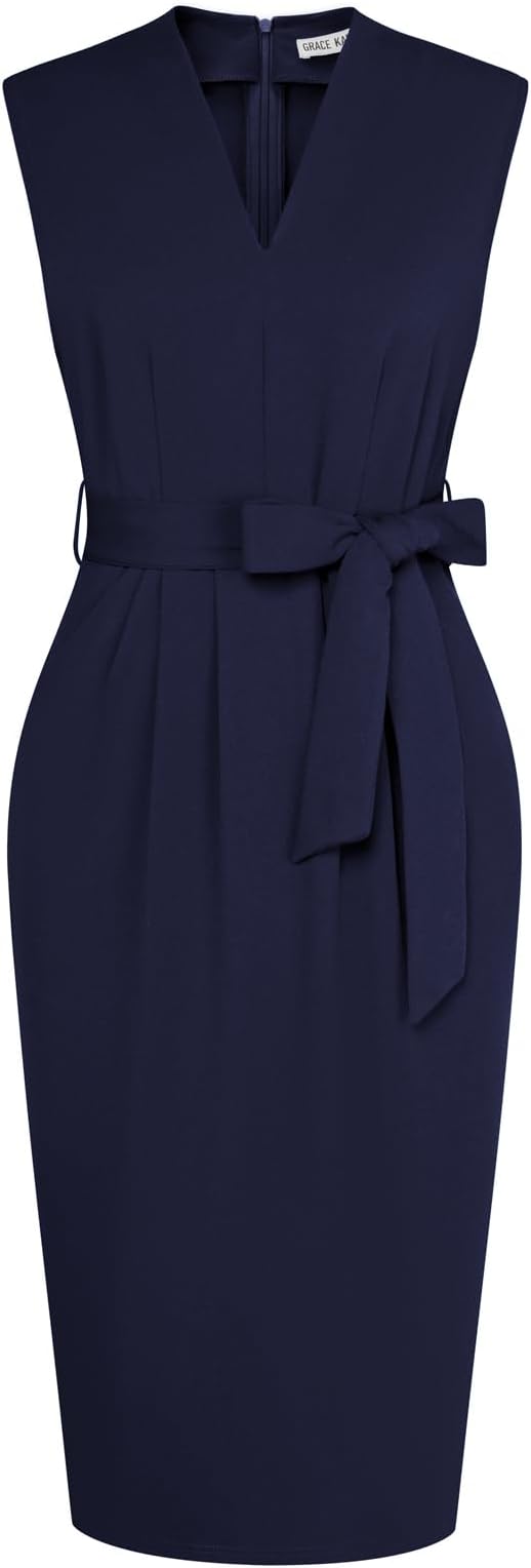 GRACE KARIN Business Dresses for Women Sleeveless V Neck Sheath Dress Work Dress Slim Church Dresses for Women Navy M