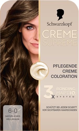 Schwarzkopf Creme Supreme, Pflegende Creme Coloration 6-0 Natürliches Hellbraun, intensive Haarfarbe mit 3x Bonding HaptIQ System, Colorationscreme mit 100% Grauabdeckung