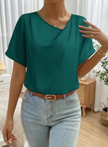 Dokotoo Summer Short Sleeve Tops for Women Business Casual Work Dressy Shirts Blouses 2026 Spring Asymmetrical Neck Going Out Tops Office Trendy Fashion Clothing Womens Blouses Evergreen — view 2
