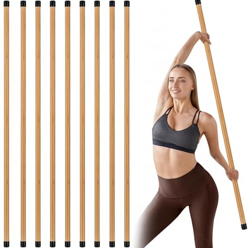 Hiboom 6/9 Pcs 5ft Yoga Stick Natural Bamboo Black Exercise Stick with Non-Slip Rubber Ends Stretching Tool Posture Corrector Stretch Tool for Flexibility, Workout, Balance Fitness(6 Pcs,Bamboo)