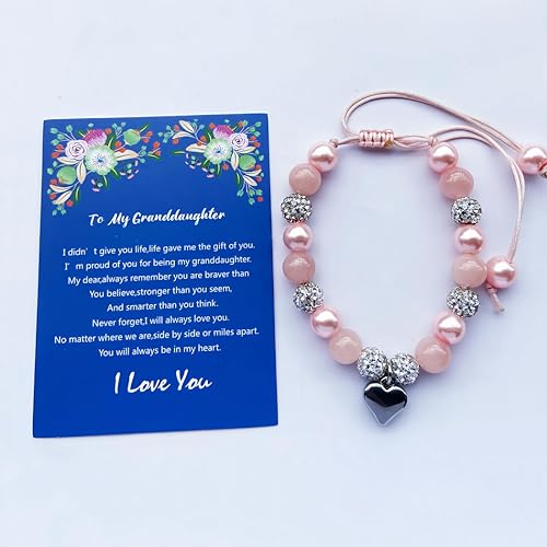 DOLON Pink Beaded Rhinestone Heart Charm Granddaugther Bracelet Adjustable Jewelry Back to School Birthday Christmas Holiday Gift - Thumbnail 2