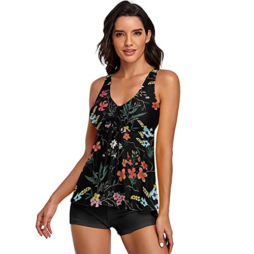 Image of Modest Tankini Swimsuits for Women Two Piece Bathing Suits Floral Print Tank Top with Boyshorts Tummy Control Swimming Suits