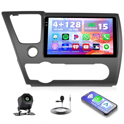 Hikity 4+128G Android 15 Car Stereo for Honda Civic 2013-2017, 9” Touchscreen Radio with CarPlay, Android Auto, Bluetooth, GPS Navigation, WiFi, DSP, FM, RDS + AHD Backup Camera