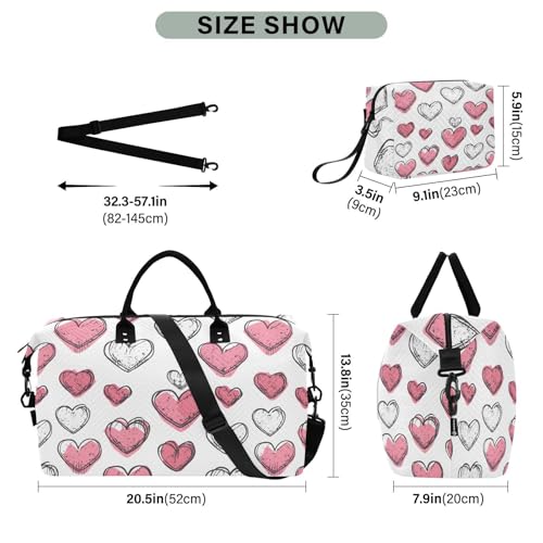 White and Pink Hearts Travel Duffle Bag,Large Weekender Travel Bag for Women Men Waterproof Luggage Bag with Trolley Sleeve,Airplane Travel Essentials for Flying3