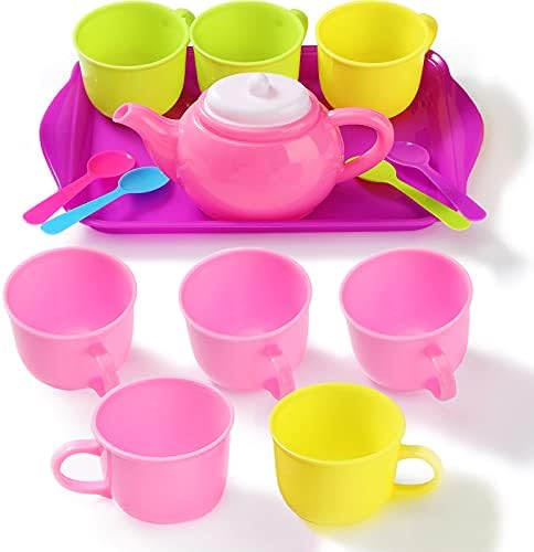 14 Pieces Pretend Play Tea Party Set Play Food Accessories Colorful Plastic Tea Set Role Play Toys Playset Include 1 Plate 4 Spoons 8 Cups and 1 Teapot for Little Girls Tea Party and Fun