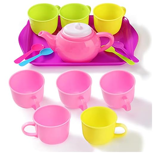 14 Pieces Pretend Play Tea Party Set Play Food Accessories Colorful Plastic Tea Set Role Play Toys Playset Include 1 Plate 4 Spoons 8 Cups and 1 Teapot for Little Girls Tea Party and Fun