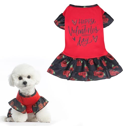 EXPAWLORER Valentines Day Dog Dresses for Small Dogs and Puppies, Girl Dog Dress Shirt Happy Valentines Day, Holiday Party Clothes Warm Cotton Skirt