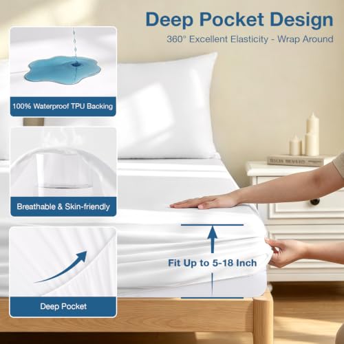 Image of Safe and Sound Mattress Protector, Premium 100% Waterproof Mattress Cover, Noiseless Breathable Soft, Fitted Deep Pocket 8-21'' Bed Cover Twin 2PACK