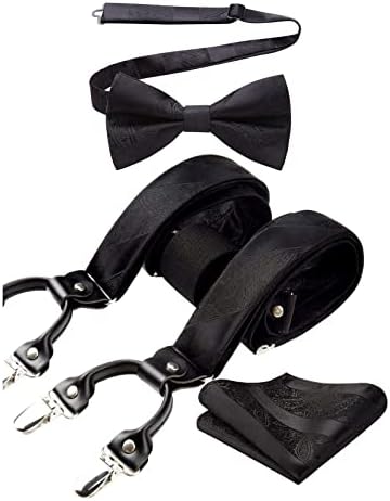 HISDERN Mens Braces Paisley Suspenders with 6 Strong Metal Clips Adjustable Y Shape Floral Braces Bowtie and Pocket Square Set
