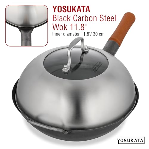 YOSUKATA Wok Lid 11.4 In - Premium Stainless Wok Cover with Tempered Glass Insert Steam Holes and Ergonomic Handle - Durable Wok Accessories - Dishwasher-Safe Lid for 11.8-In Wok - Chees Melting Dome