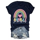 urwuic Happy Last Day of School Shirt Women Hooray for the Last Day Graphic Tees Summer Break Crewneck T-Shirt Tops Navy Blue