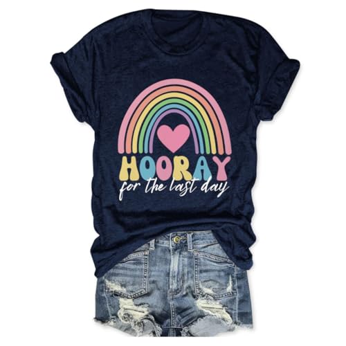 urwuic Happy Last Day of School Shirt Women Hooray for the Last Day Graphic Tees Summer Break Crewneck T-Shirt Tops Navy Blue