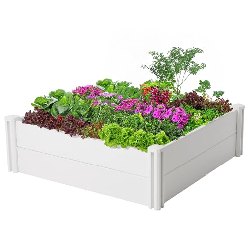 PASAMIC 4x4x1ft Vinyl Raised Garden Bed Rust-Proof Raised Plant Box for Gardening Durable Outdoor Planter Box with Open Bottom DIY Above Ground Vinyl Garden Beds for Fruit Vegetables Herbs