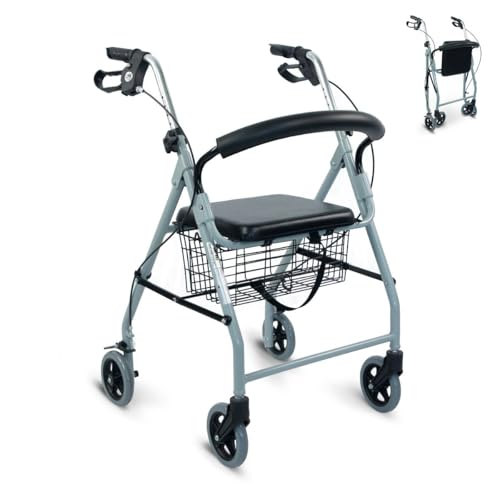 Mobiclinic®, Andador de 4 ruedas, Frenos maneta, Plegable, Ligero, Con asiento, Para ancianos, Fabricado en aluminio, Resistente, Marca española, Modelo alhambra, Color gris