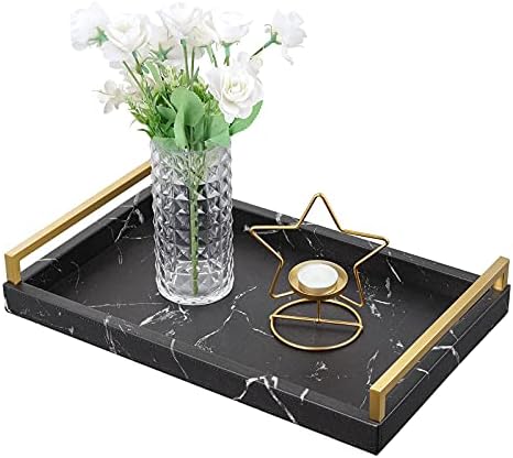 Lewondr ServingTray with Wide Metal Handles, PU Ottoman Serving Tray, 15.35"x9.84"x2.36" Desktop Serving Platter, Jewelry Key Tray, Countertop Storage Organizer Plate for Kitchen,Office - Black Marble