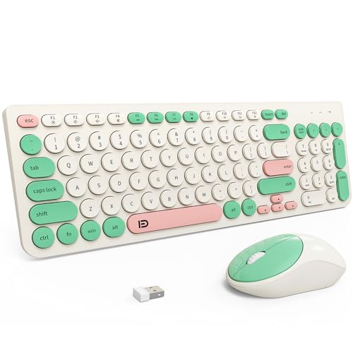 FD Wireless Keyboards and Mouse Combo - 2.4GHz USB Cordless, Cute Wireless Keyboard Round Keys, Quiet and Slim Set for Laptop, Computer, TV and Mac - Milky White Green Colorful