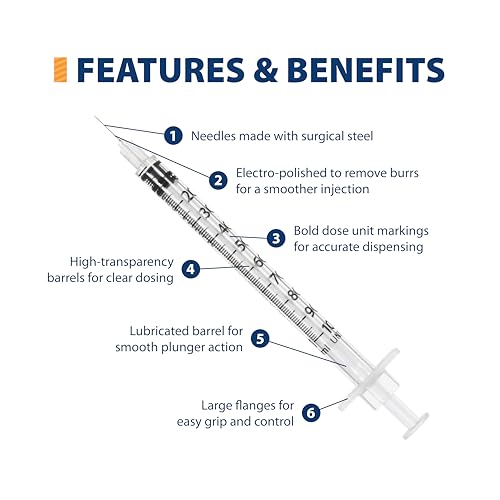 Image of Easy Touch Individually Wrapped 27 Gauge U-100 Insulin Syringes (27G 0.5cc 1 /2 inch) with 1 /2 inch Long Needle, 0.5cc (50 Unit Capacity), Bold Markings for Accurate Dosing, Disposable, Box of 100