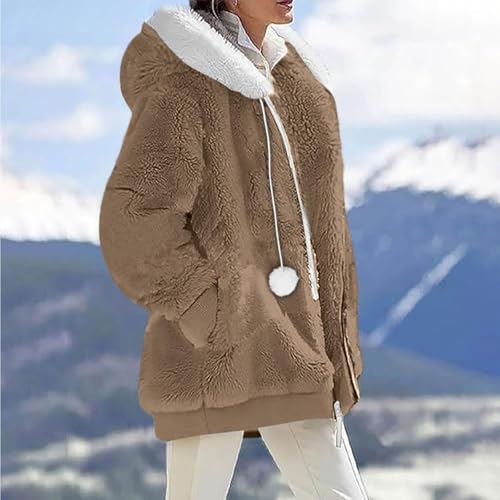 Womens Winter Coats Fuzzy Fleece Jacket Hooded Color Block Patchwork Cardigan Coat Warm Outerwear With Pocket2