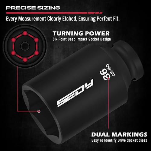 1/2 Drive Deep Impact Socket Set: 11-Piece Metric Size Wheel Axle Nut Wrench Metric Large Jumbo 27mm 29mm 30mm 31mm 32mm 33mm 34mm 35mm 36mm 38mm Spindle Joint High Torque Truck Bearing Locknut by SEDY - Image 4