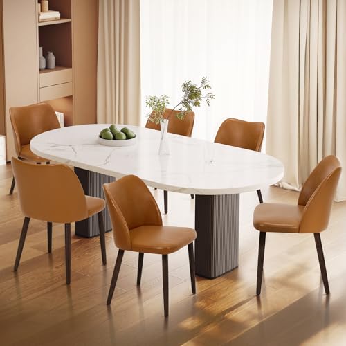 Image of Wooden Dining Chairs Set of 6, Upholstered Kitchen Dining Room Chair, Modern Faux Leather Farmhouse Dinner Chair for Restaurant & Cafe, Light Brown