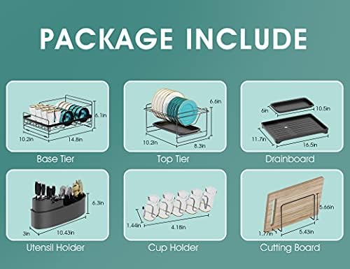 manatees-Dish Drainer Rack,2 Tier Dish Drying Rack with Drip Tray,Sink Drainer, Removable Plate Rack, Black Draining Rack,kitchen drainer with Cutlery Holder