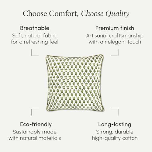 CPC 100% Cotton Throw Pillow Covers 18x18 Inch, Set of 2 Green Block Print Pattern Couch Pillow, Cute Boho Decorative Pillows for Living Room, Bedroom with Hidden Zipper- Emerald Green